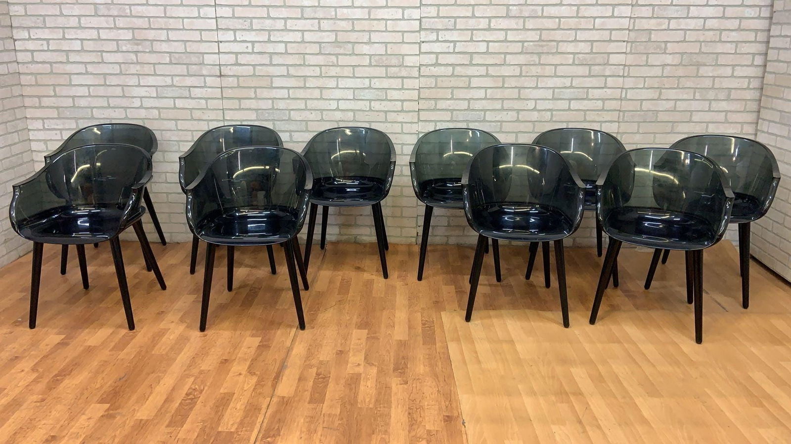 Modern Smoked Cyborg Armchair by Marcel Wanders for Magis Italy - Set of 10: Depth: 22 inches Height: 31.5 inches Seat depth: 17 inches Seat height: 18 inches Width: 23 inches Modern Smoked Cyborg Armchair by Marcel Wanders for Magis Italy - Set of 10 The Cyborg chair takes th