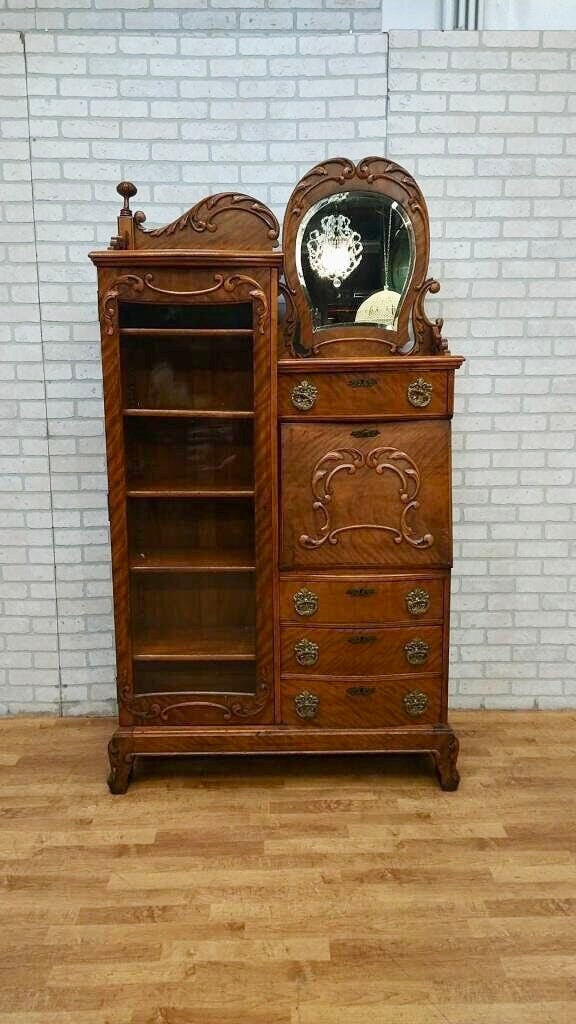 Art Nouveau Quarter-Sawn Oak Mirrored Secretary/Dressing Cabinet (1 of 10)