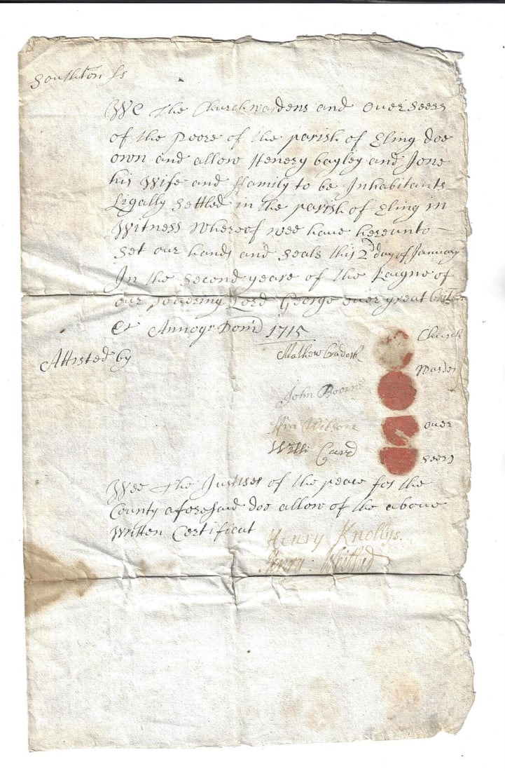 1715 English Manuscript Settlement Certificate: A Settlement Certificate for the Bailey family by the Church Wardens and Overseers of the Poor for the parish of Eling in Hampshire. Signed by remnants of seals. Dated 1715. On two pages of paper with