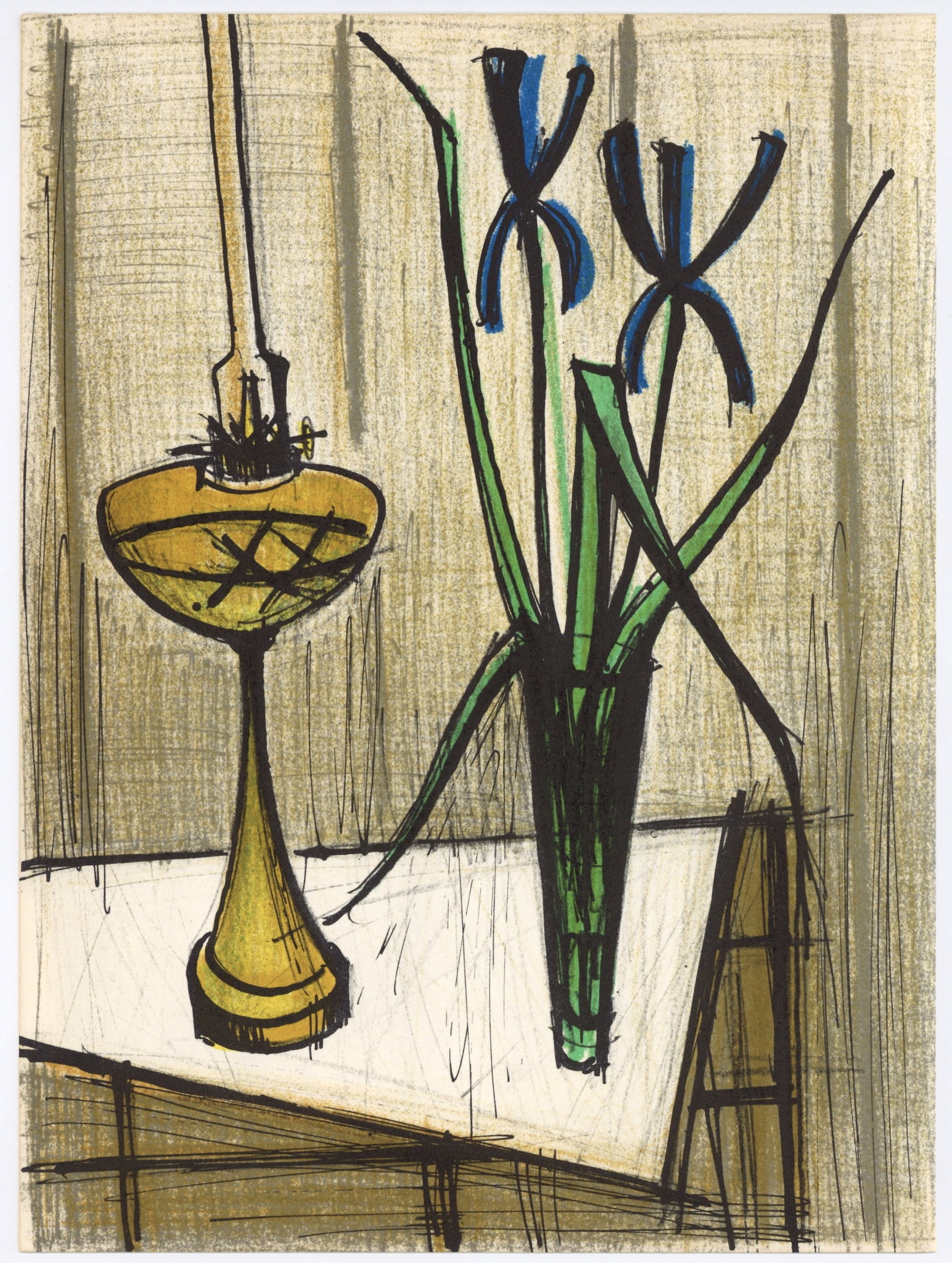 Bernard Buffet original lithograph "Nature morte aux iris": Medium: original lithograph. Printed in Paris in 1979 on Arches paper for the "Bernard Buffet Lithographe" catalogue raisonne. Size: 12 1/2 x 9 1/4 inches (318 x 235 mm). Not signed. Condition: there