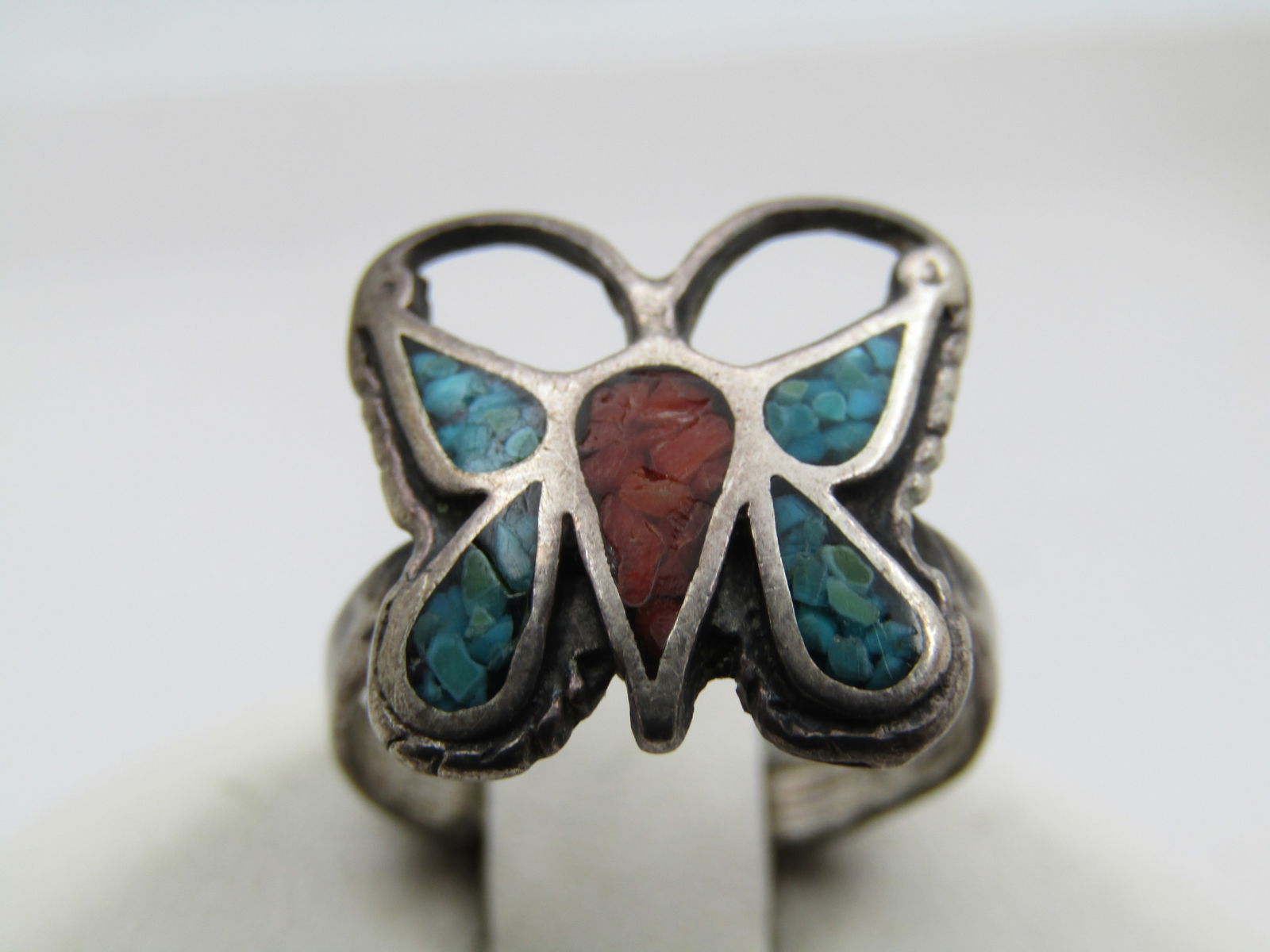 Vintage Sterling Turquoise Coral Butterfly Ring, Sz. 3.5, Southwestern, 1960's-1970's (1 of 7)