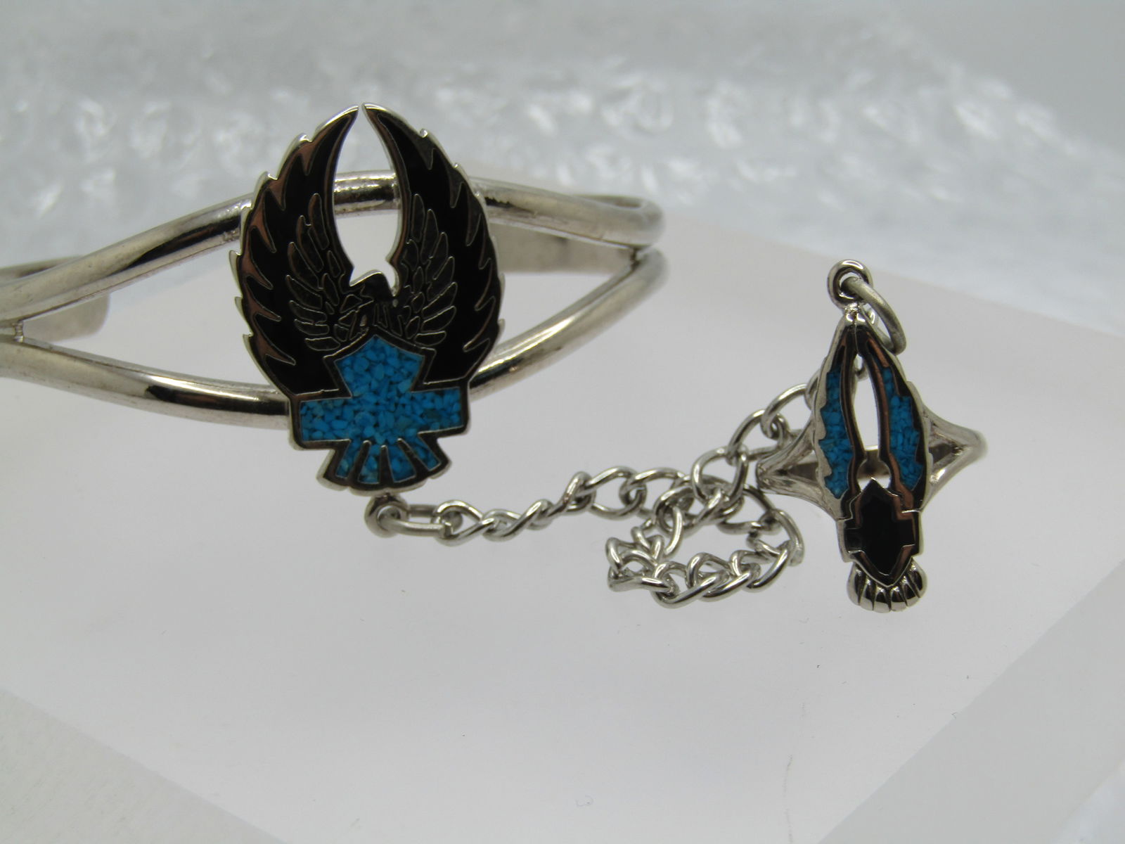 Enameled & Turquoise Chip Biker Bracelet with Attached Ring, Sz 5.5 and 7" (1 of 5)