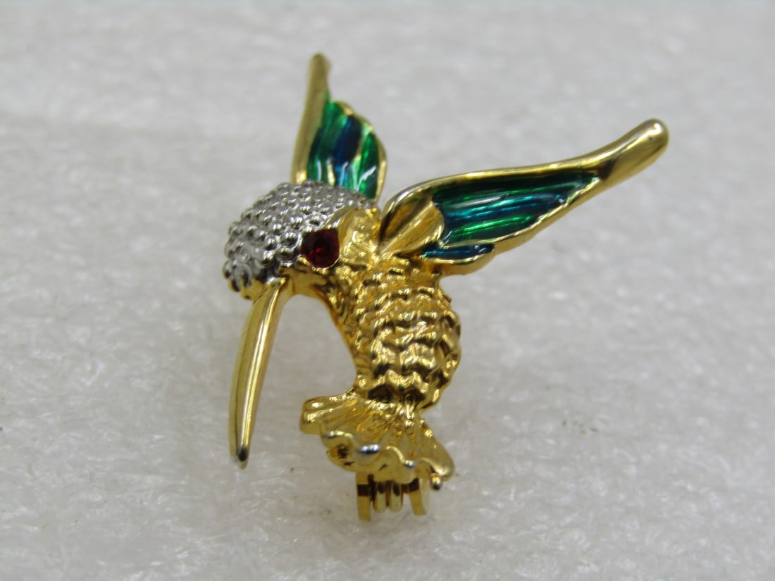 Vintage Hummingbird Brooch, Enameled, Rhinestone Eye (1 of 4)