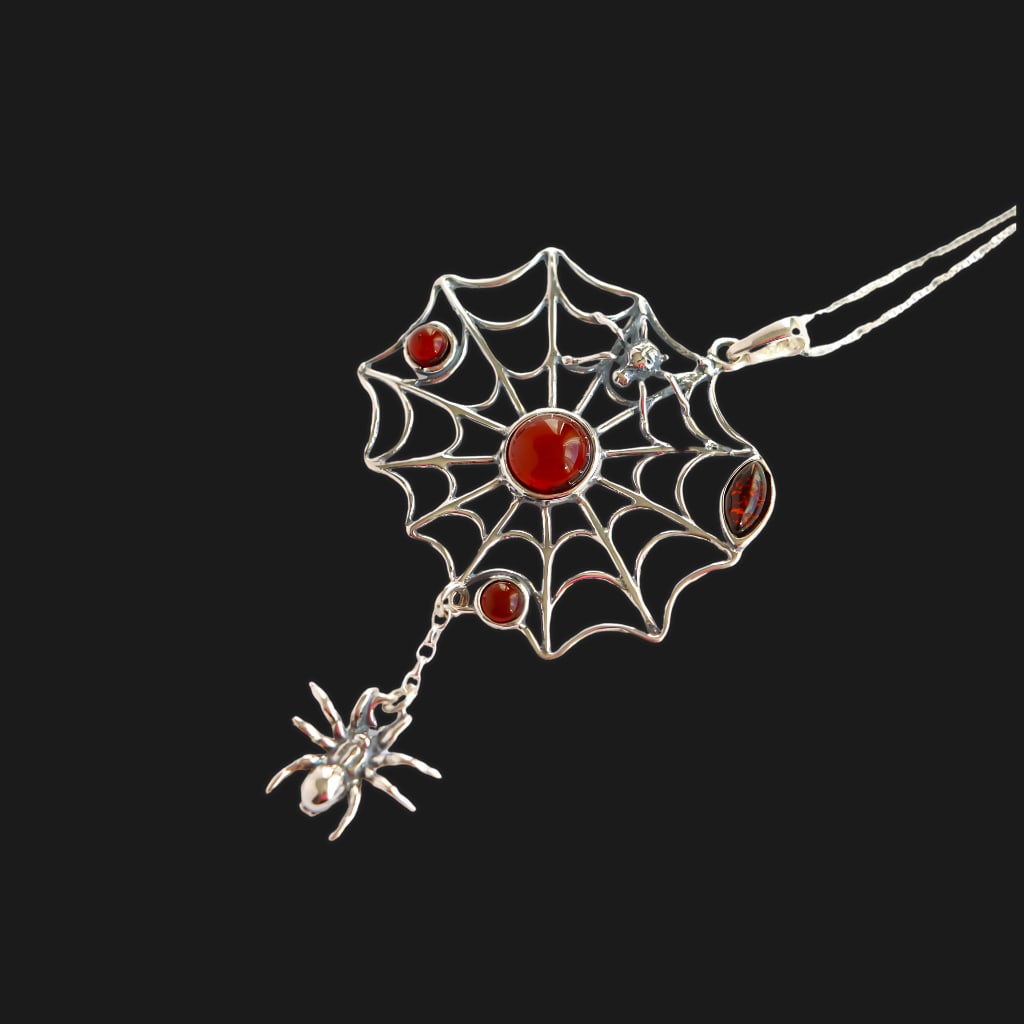 CHERRY AMBER SPIDERWEB PENDANT NECKLACE IN 925 STERLING SILVER (1 of 6)