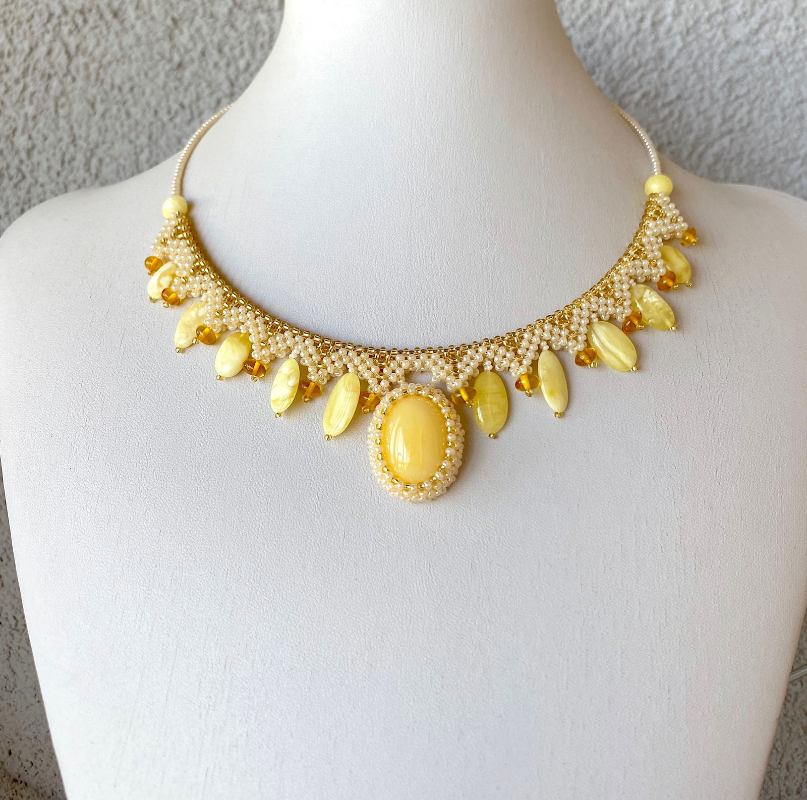 Extraordinary Vintage Amber Floral Necklace made from leaf like bead ornaments (1 of 6)