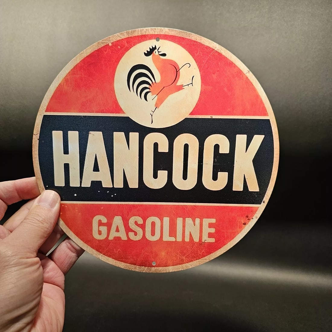 8" Metal Hancock Gas Car Sign: 4 3/4" tall x 10 7/8" wide Wonderful reproduction license plate topper. Good detail aluminum, slightly aged to look like an antique. Certainly hard to tell its age. All our items come with a 100% cust