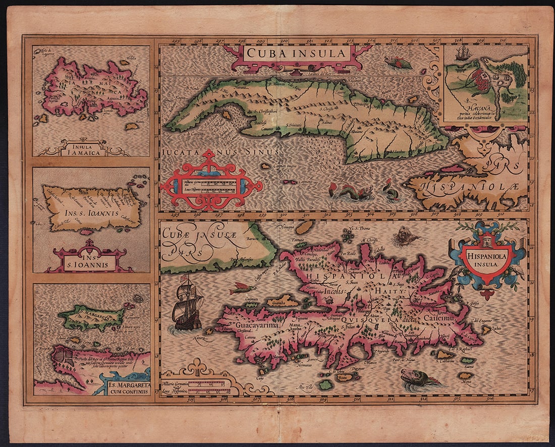 Hondius iconic map of Cuba, Hispaniola, et al, 1610 or later (1 of 6)