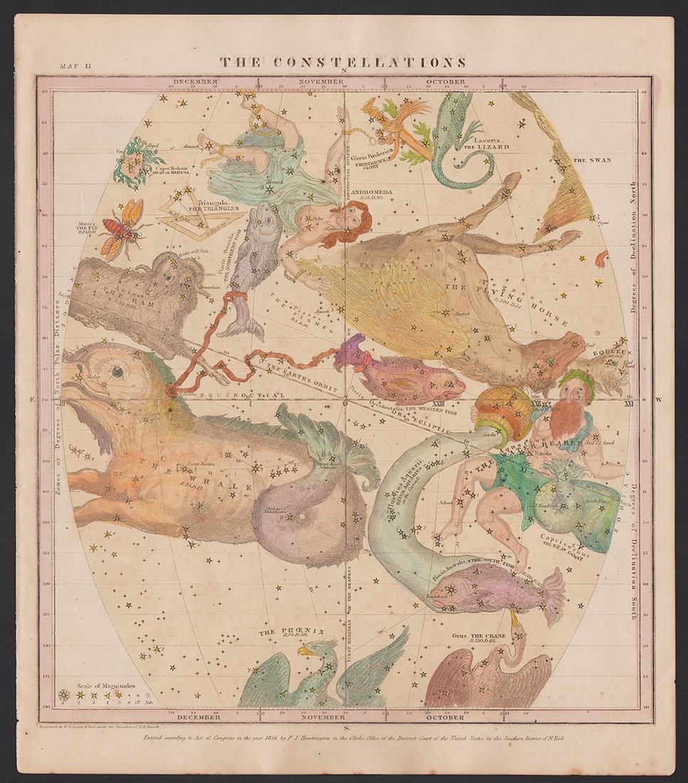 Scarce Burritt map of Constellations – October/November/December: Finest example I’ve seen in 25 years. Nearly the only truly vivid hand-colored specimen to show up in all that time. For comparative pricing check the George Glazer Gallery online. Plate II engr