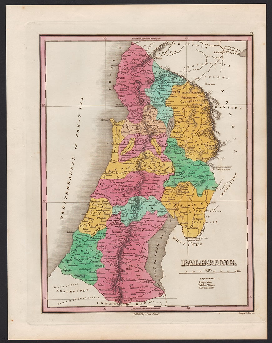 Great map of Palestine from scarce 1833 Finley atlas: Scarce map of Palestine (Israel, Holy Land) from Anthony Finley’s 1833 New General Atlas, an exceedingly scarce atlas. Maps from later Finley atlases are rarely available. Shows the lands of the