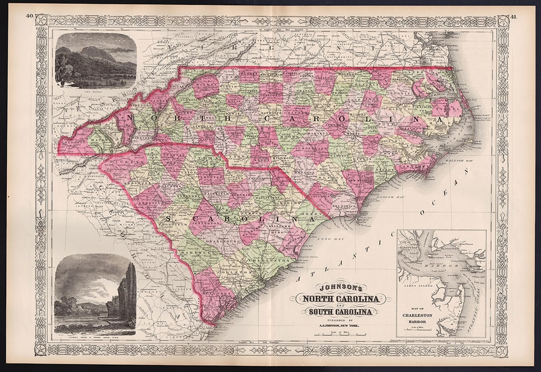 Johnson’s RR map of N. and S. Carolina, 1865: A beautiful example of A. J. Johnson's 1865 map of North Carolina and South Carolina. Offers a fascinating snapshot of these Confederate states while the Civil War was still being fought. Map shows bo