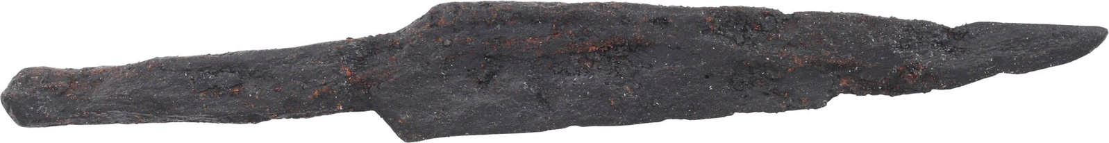 VIKING SIDE KNIFE OR POUCH KNIFE, 866-1067 AD: Danelaw England. Just over 3" total length. Wedge section blade with the straight back and sharply angled point of scramseax form. The thin blade made for slashing and not a working knife. Whittle tan