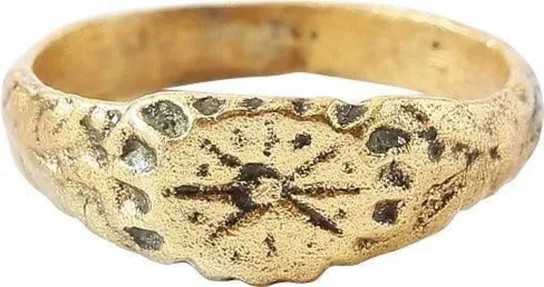 MEDIEVAL INFANT'S RING 7TH-10TH C. AD, SIZE 3 3/4: Before modern medicine, infant mortality and death in childbirth rates were high. This ring was made for a child who died in infancy or as a baby. It is gilt bronze, size 3 3/4 with a rounded face ban