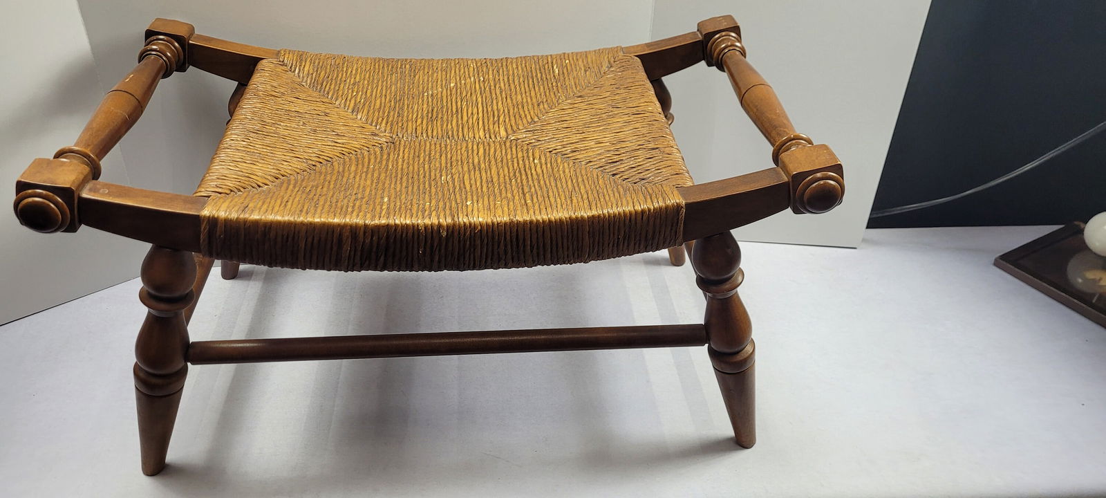 Antique Turned Wood Foot Stool Woven Jute Rope Seat (1 of 5)