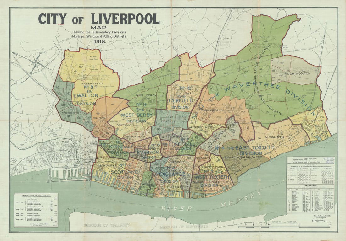 City of Liverpool. 80x114cm cloth map by John Brodie, City Engineer 1918: CAPTION PRINTED BELOW PICTURE: 'City of Liverpool Map Shewing the Parliamentary Divisions, Municipal Wards, and Polling Districts. 1918' John Alexander Brodie (1858-1934) was an English civil engineer