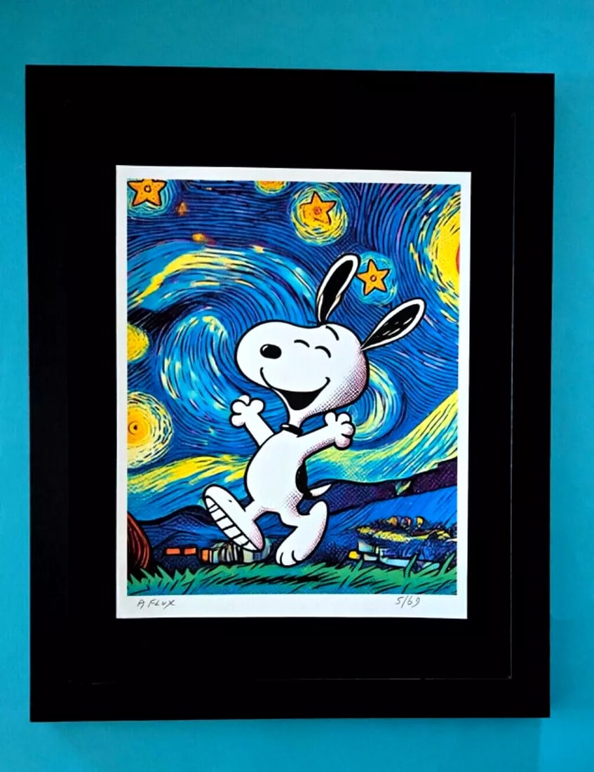 AIDAN FLUX Hand Signed Authentic Print 14x11in. Framed Snoopy is So Happy | COA: This is a one-of-a-kind Hand Signed Authentic Giclee by AIDAN FLUX. From his Series "American Icons" The artist has created a stunning piece of art that features a powerful message about women's empow