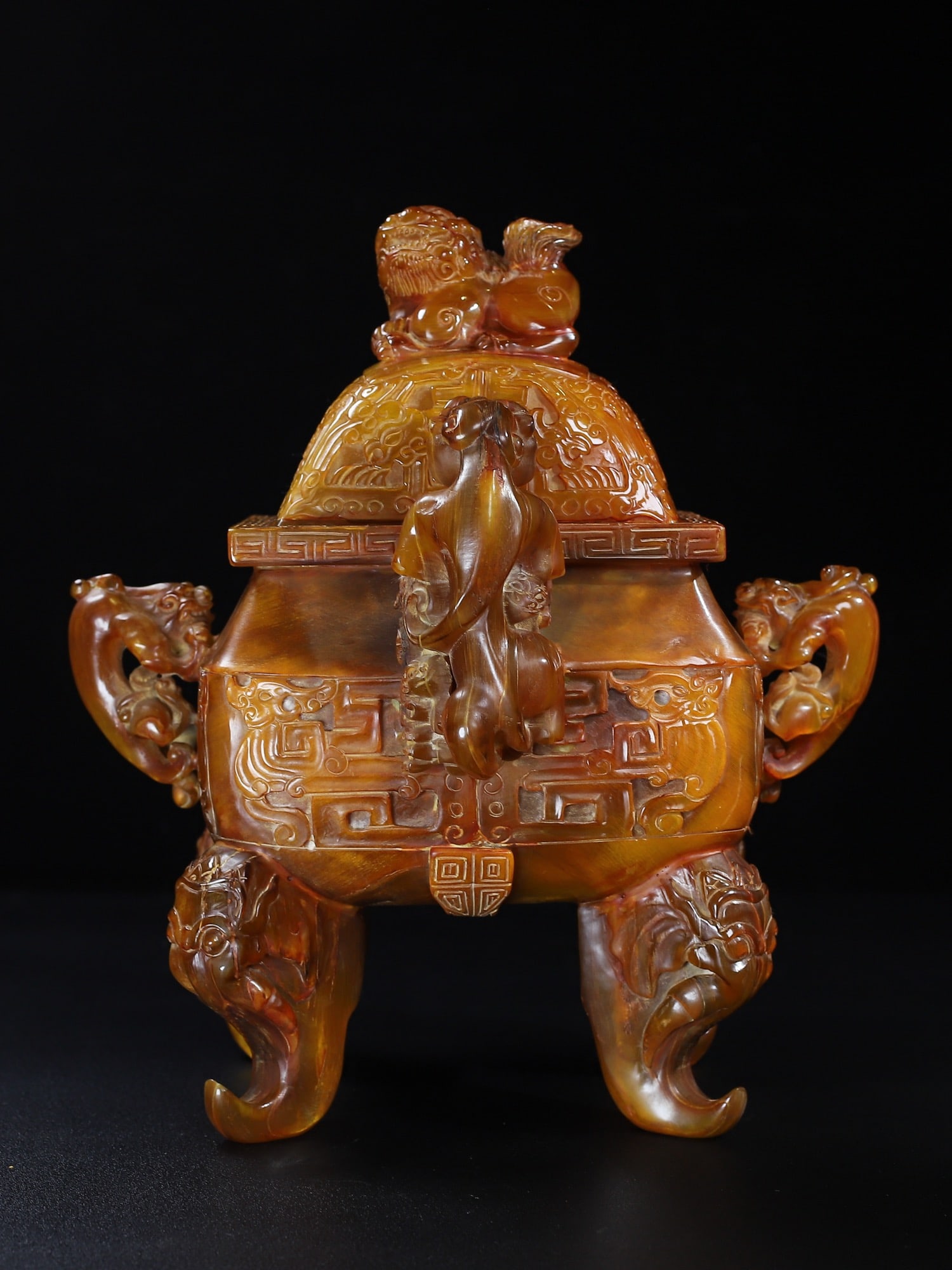 Chinese Ox Horn Carved Chi Dragon Double Ears 4 Legs Incense Burner (1 of 9)