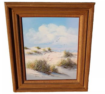 LOOMIS DEAN Sand Dunes By the Ocean with Seagulls and Plants oil painting: LOOMIS DEAN. Sand Dunes by the Ocean with Seagulls and Plants, 20" x 16" oil on canvas (framed size: 27-1/2" x 23-1/2") signed lower left. There is a biography online about a Loomis Dean that was a fa