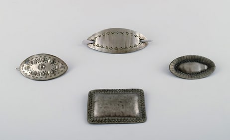 Jorgen Jensen, a.o. Denmark. 4 brooches in pewter. Hand made danish design, 60 / 70 s.
