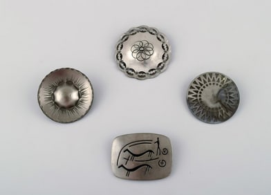Jorgen Jensen, a.o. Denmark. 4 brooches in pewter in viking style. Hand made danish design, 60 / 70