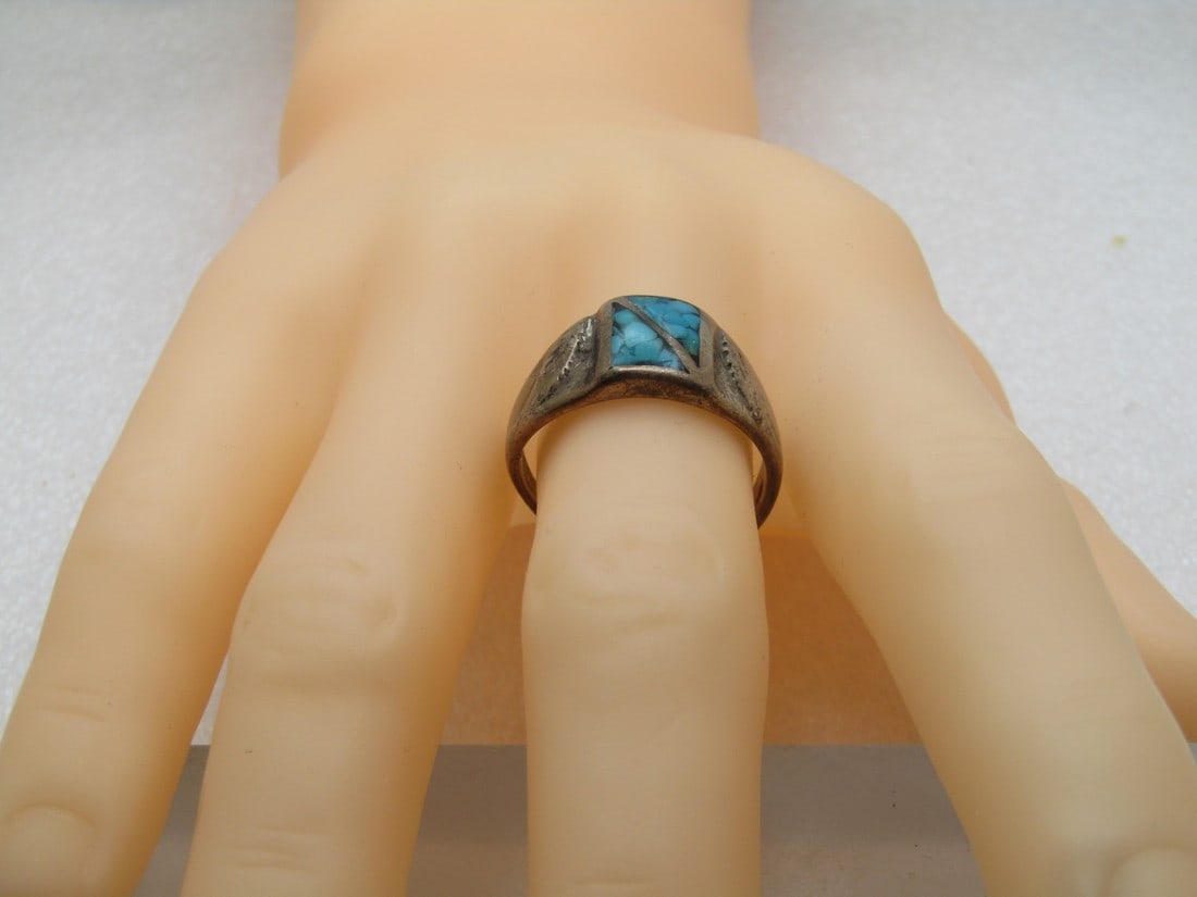 Vintage Sterling Southwestern Turquoise Chip Ring, Men's,  Sz 12.5, 1950's-1960's, Signed (1 of 6)
