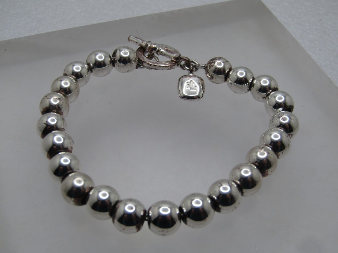 Vintage Silver Beaded Toggle Bracelet, Ralph Laurel RLL, 7.5", Toggle Clasp, 1990's, Unisex (1 of 6)
