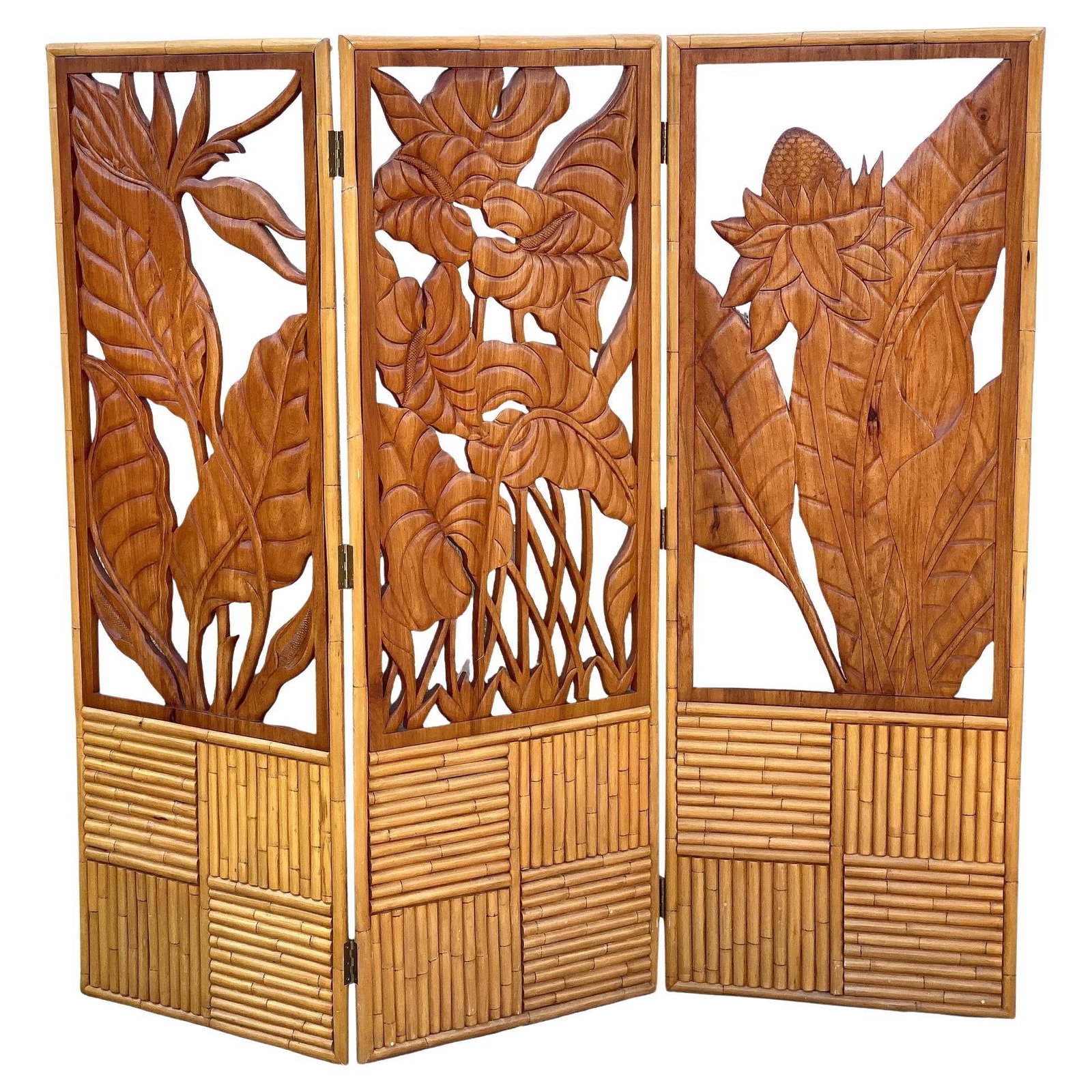 3 Panel Mid-Century Carved Koa Wood & Stacked Rattan Folding Screen (1 of 20)