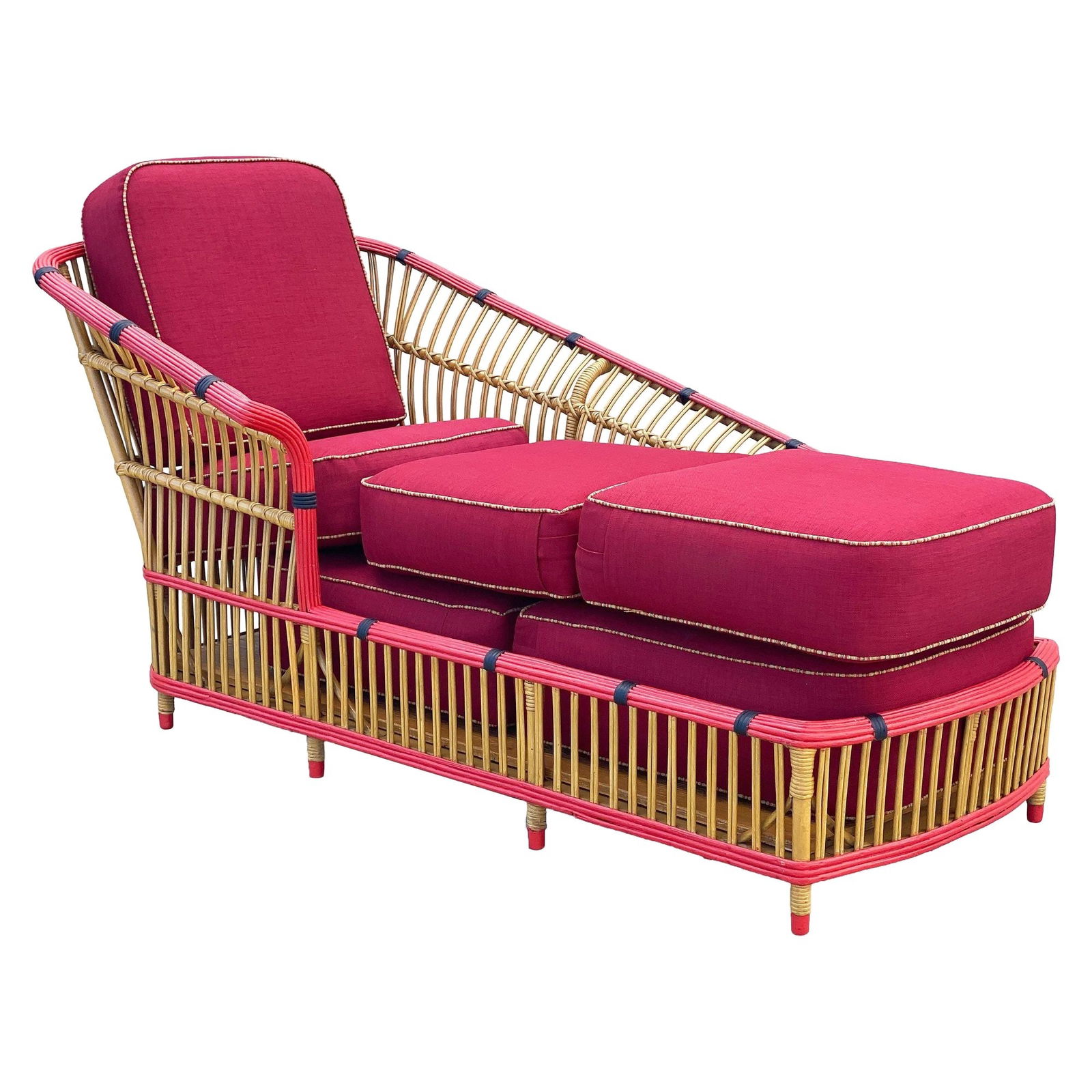 Restored Stick Reed Rattan "President" Chaise Lounge: Relax in this restored 1930 "President" stick rattan chaise lounge chair. The lounge features a spindle design with a fan back and sides with a soft and comfortable cushion top. The "President" style