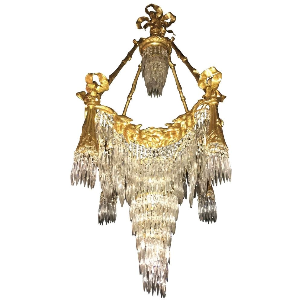 Doré Bronze Louis XVI Style Crystal Ribbon Tassel Drapery Chandelier (1 of 5)