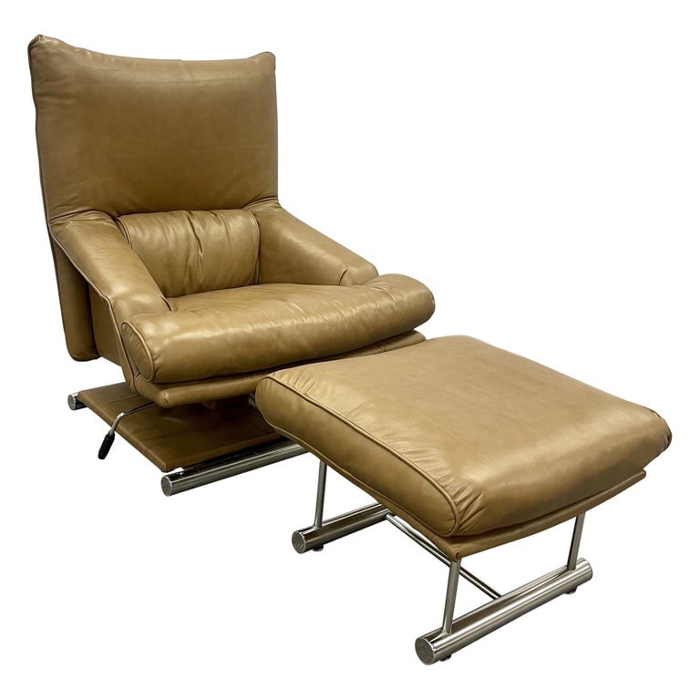 Vintage Leather Swivel, Lounge Chair With Ottoman, Percival Lafer Style, Steel: Vintage Leather Swivel, Lounge Chair With Ottoman, Percival Lafer Style, Steel. Mathias Hoffman for Rolf Benz Footstool: 26 in. width. 23 in. depth, 17 in. height Chair seat height: 18 in. hZXX Reserv