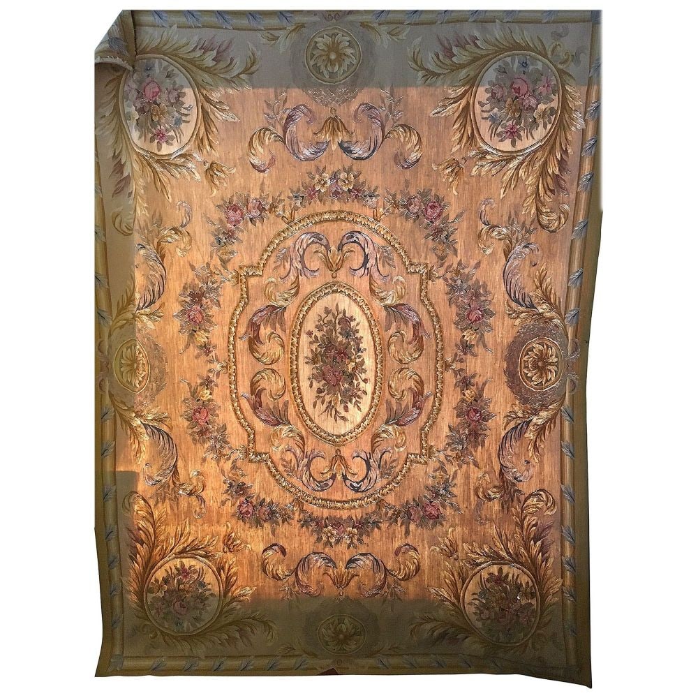 Fine and Very Decorative Aubusson Carpet or Throw: Having wonderfully vibrant and colorful flowers, leafs and vines in a beige colored background this finely woven Tapestry is sure to add glamour to any room it is set or hung in. Reserve: $3,443.00 Sh