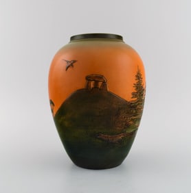 Ipsen's, Denmark. Vase in glazed ceramics. Hand-painted landscape with burial mound. 1920s / 30s.