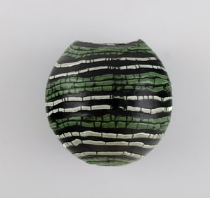 European studio ceramicist. Unique flowerpot for wall hanging in glazed ceramics. Green and white