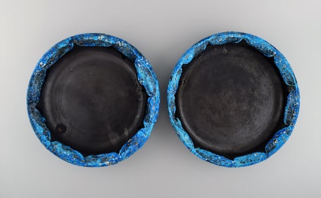 French ceramist. Two round serving dishes / bowls in glazed stoneware. Beautiful glaze in azure