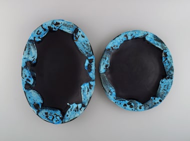 French ceramist. Two serving dishes in glazed stoneware. Beautiful glaze in azure shades. Unique,