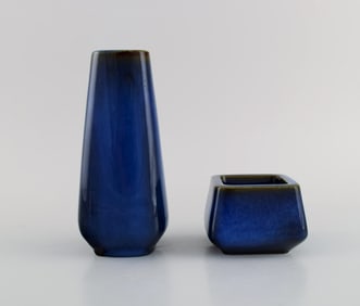 Sven Jonson for Gustavsberg. Lagun vase and bowl in glazed stoneware. Beautiful glaze in shades of