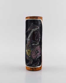 Fidia, Italy. Vase in leather covered ceramics with hand-painted rat. 1960s.
