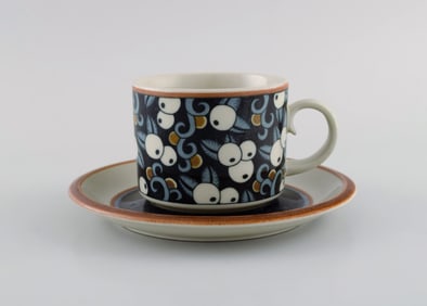 Inkeri Seppälä for Arabia. Taika morning cup with saucer in glazed stoneware decorated