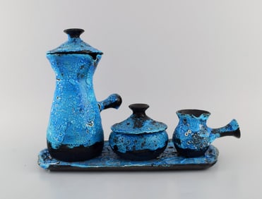 French ceramist. Unique coffee service in glazed stoneware. Beautiful glaze in light blue shades.