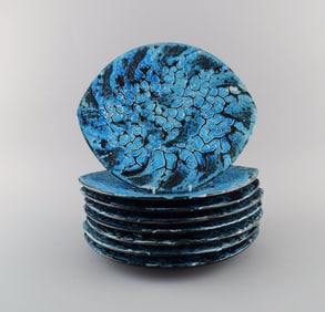 French ceramist. Eight dinner plates in glazed stoneware. Beautiful glaze in azure shades. Unique,