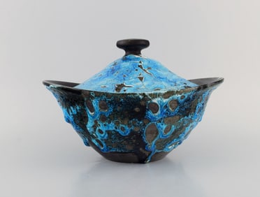 French ceramist. Large lidded bowl in glazed stoneware. Beautiful glaze in azure shades. Unique,