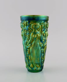 Zsolnay vase in glazed ceramics modeled with women picking grapes. Beautiful metallic luster glaze.