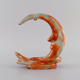 European studio ceramicist. Tealight candle holder shaped like the moon in glazed ceramics.