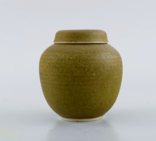 Susanne & Christer, Sweden. Lidded jar in glazed ceramics. Beautiful glaze in light earth tones.