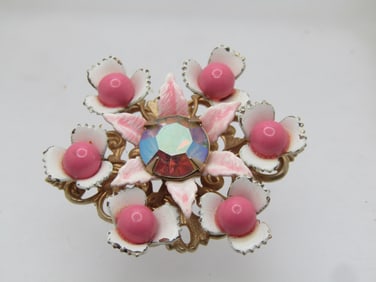 Vintage  Pink &  White Tiered Blossom Brooch, AB Rhinestones, 1950's-1960's