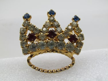 Vintage Rhinestone Crown Brooch, Red/White/Clear, 1970's-1980's