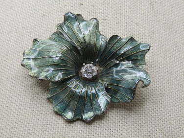 Vintage Green Enameled Blossom Brooch, Rhinestone Center, Signed M. Jent, 1980's