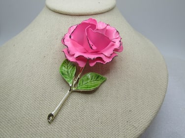 Vintage Pink & Green Rose Brooch, with Stem, 1950's-1960's