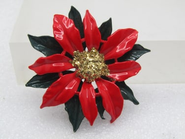 Vintage Enameled Red/Green/Gold Poinsettia Brooch, 1950's-1960's
