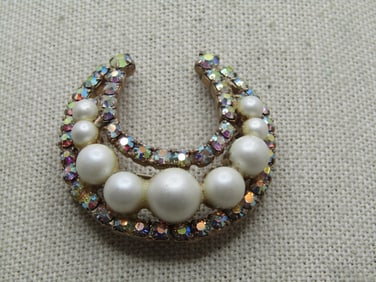 Vintage Faux Pearl & AB Rhinestone Horseshoe Brooch, 1950's