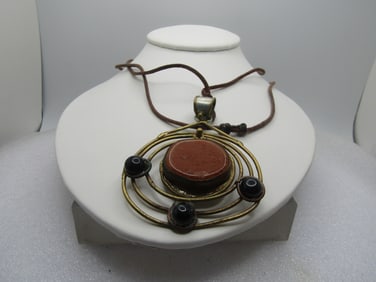 Vintage Abstract Brass & Stone Brutalist Necklace, Brass & Silver Tone, 34", Adjustable ,